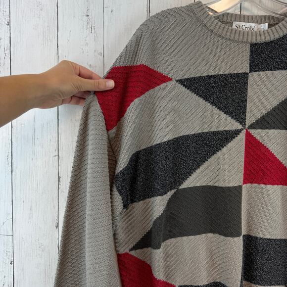 VTG St. Croix Knits Taupe/Black/Red Abstract Grandpa Crewneck Sweater Size Large - Picture 3 of 13